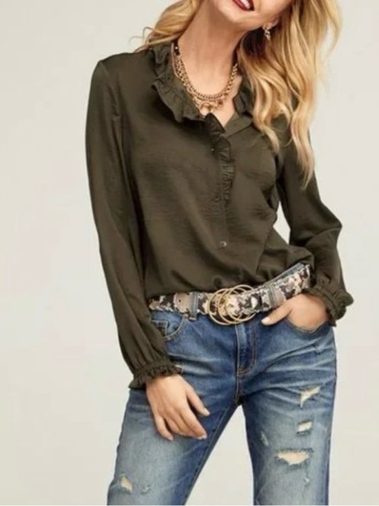 CAbi Tops - CAbi Icon Olive Ruffle-Neck Blouse Sz S